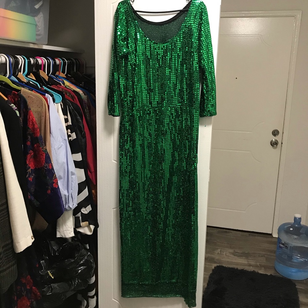Green sequin costume dress with slit fits M/L - Picture 4 of 6
